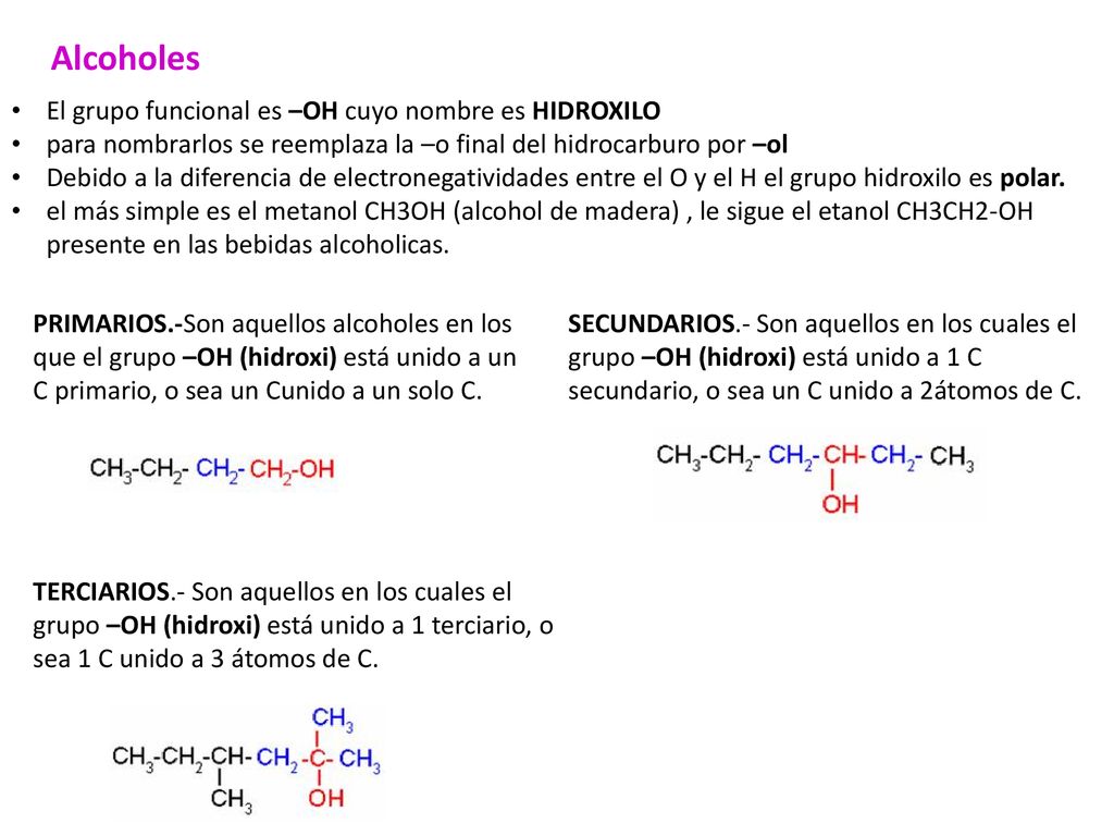 Alcoholes El grupo funcional es –OH cuyo nombre es HIDROXILO