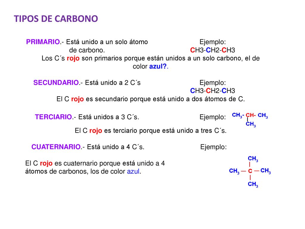 TIPOS DE CARBONO PRIMARIO.- Está unido a un solo átomo de carbono.