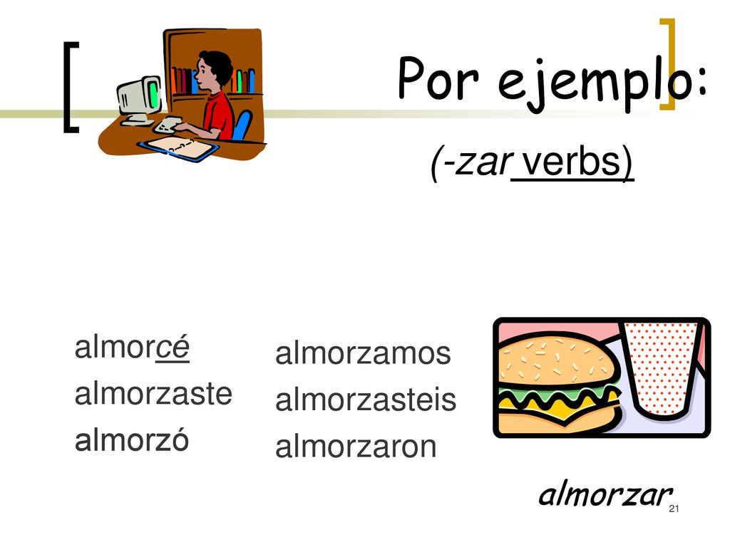 Por ejemplo: (-zar verbs) almorcé almorzamos almorzaste almorzasteis