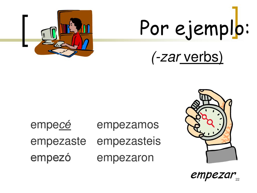 Por ejemplo: (-zar verbs) empezar empecé empezaste empezó empezamos