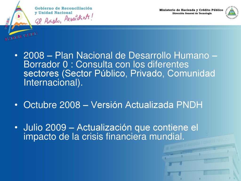 2008 – Plan Nacional de Desarrollo Humano – Borrador 0 : Consulta con los diferentes sectores (Sector Público, Privado, Comunidad Internacional).