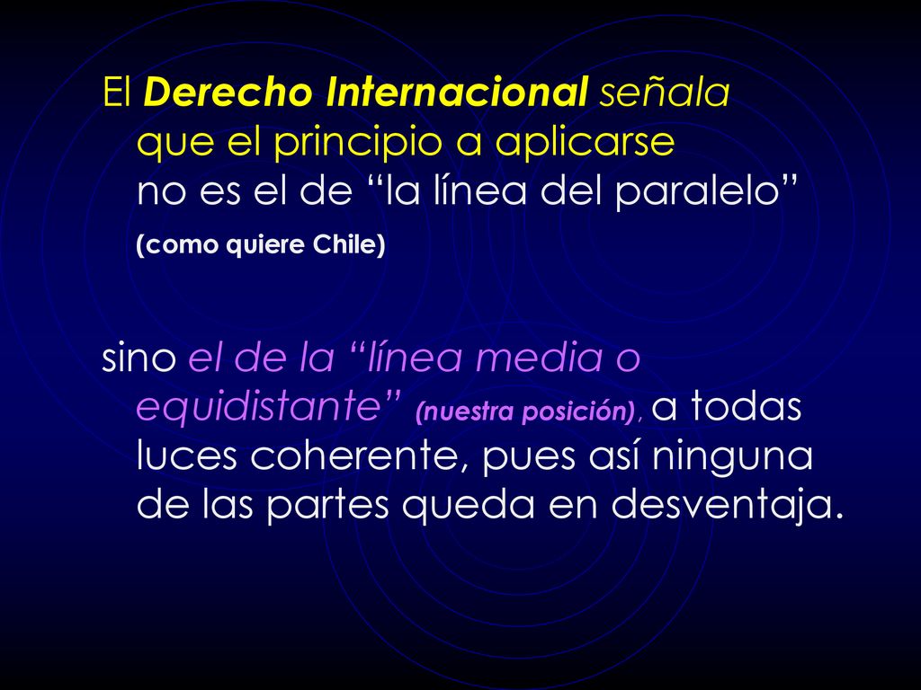 El Derecho Internacional señala que el principio a aplicarse no es el de la línea del paralelo (como quiere Chile)