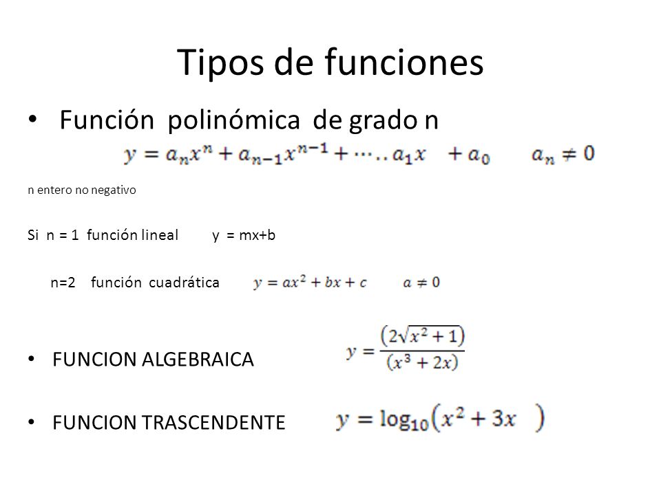 Tipos de funciones Función polinómica de grado n FUNCION ALGEBRAICA