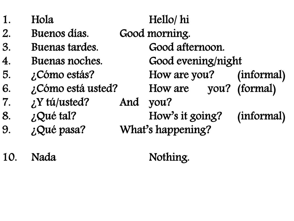1. Hola Hello/ hi 2. Buenos días. Good morning. 3. Buenas tardes. Good afternoon. 4. Buenas noches. Good evening/night.