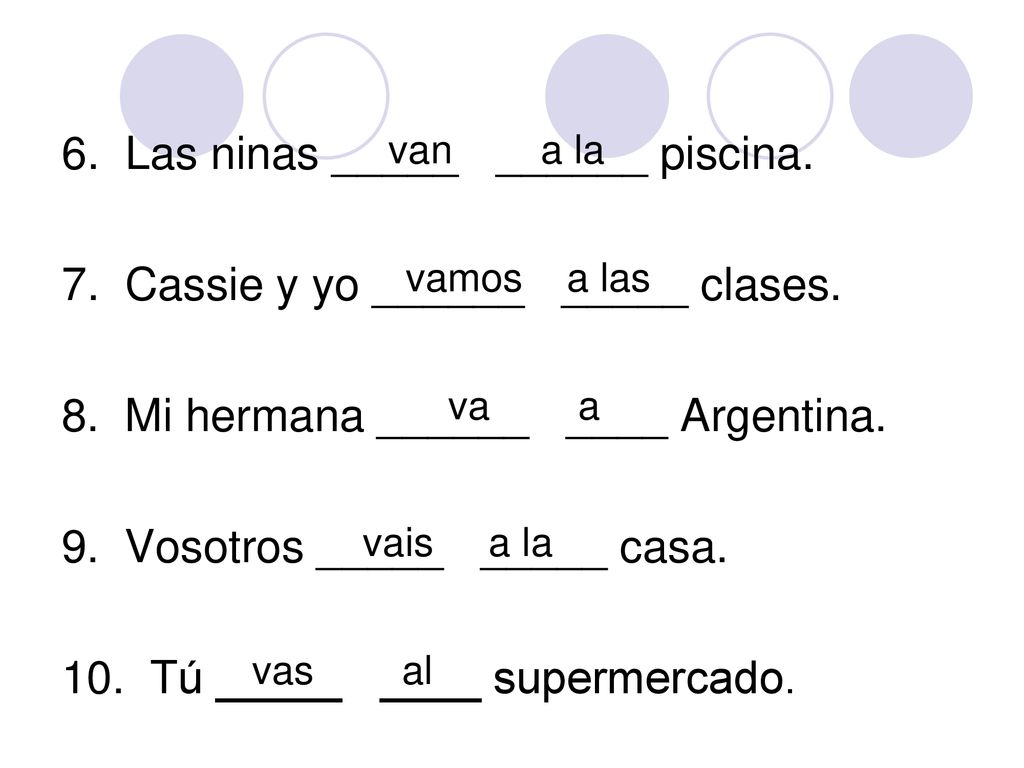 6. Las ninas _____ ______ piscina. 7. Cassie y yo ______ _____ clases.