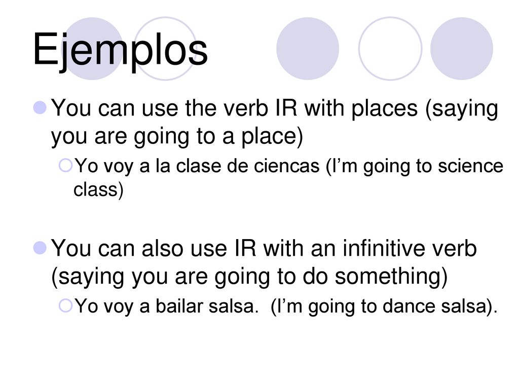 Ejemplos You can use the verb IR with places (saying you are going to a place) Yo voy a la clase de ciencas (I’m going to science class)