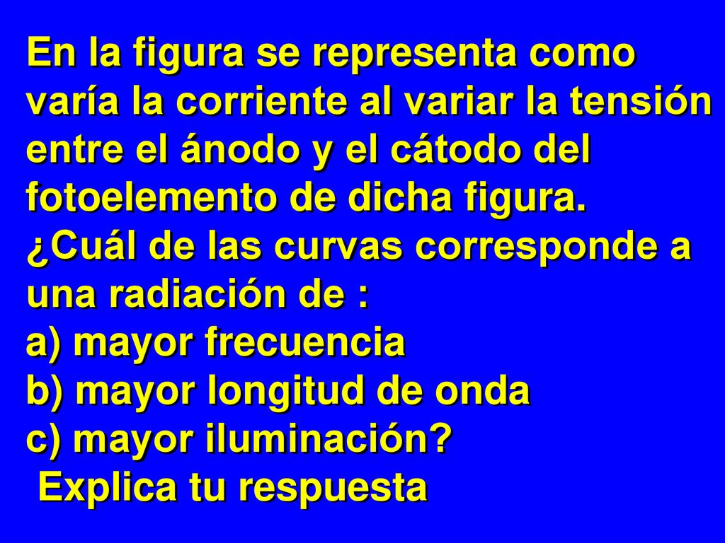 En la figura se representa como varía la corriente al variar la tensión entre el ánodo y el cátodo del fotoelemento de dicha figura.