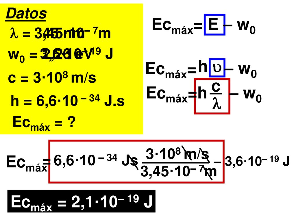Ecmáx= E – w0 h  Ecmáx= – w0 c Ecmáx=h – w0  Ecmáx