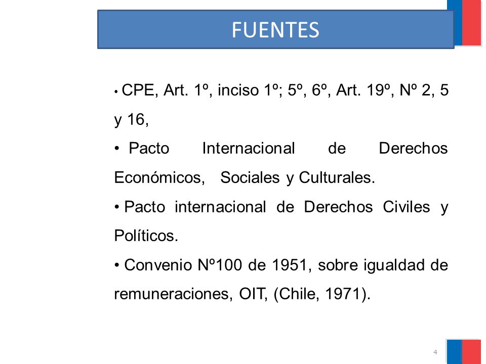 FUENTES CPE, Art. 1º, inciso 1º; 5º, 6º, Art. 19º, Nº 2, 5 y 16, Pacto Internacional de Derechos Económicos, Sociales y Culturales.