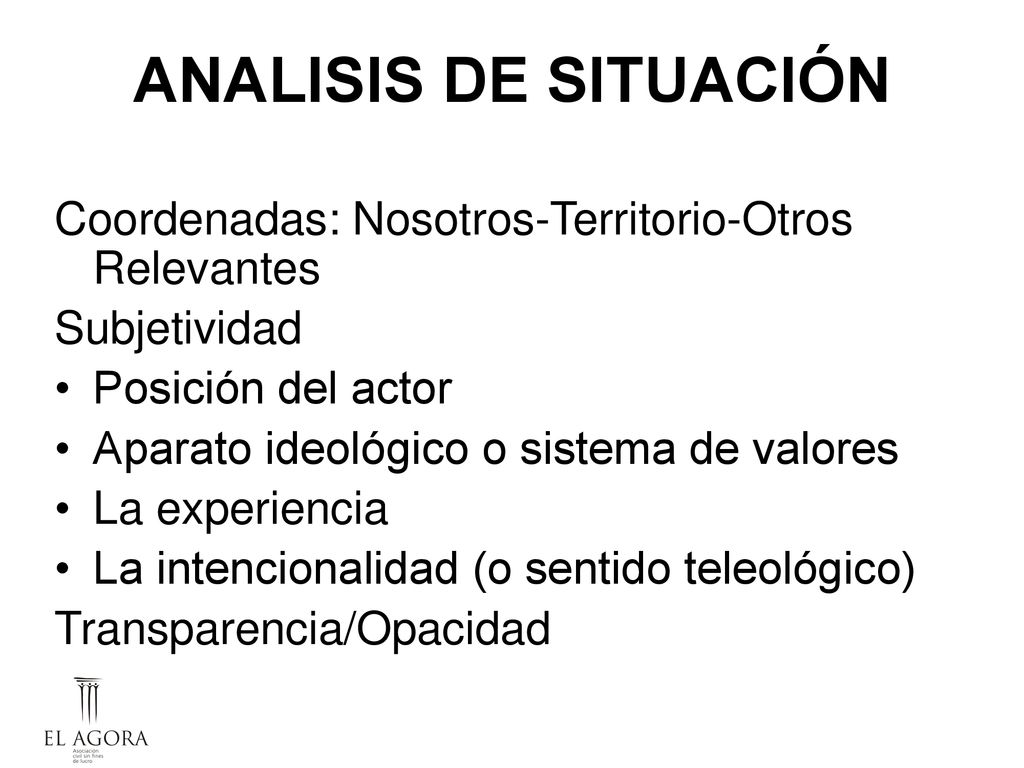 ANALISIS DE SITUACIÓN Coordenadas: Nosotros-Territorio-Otros Relevantes. Subjetividad. Posición del actor.