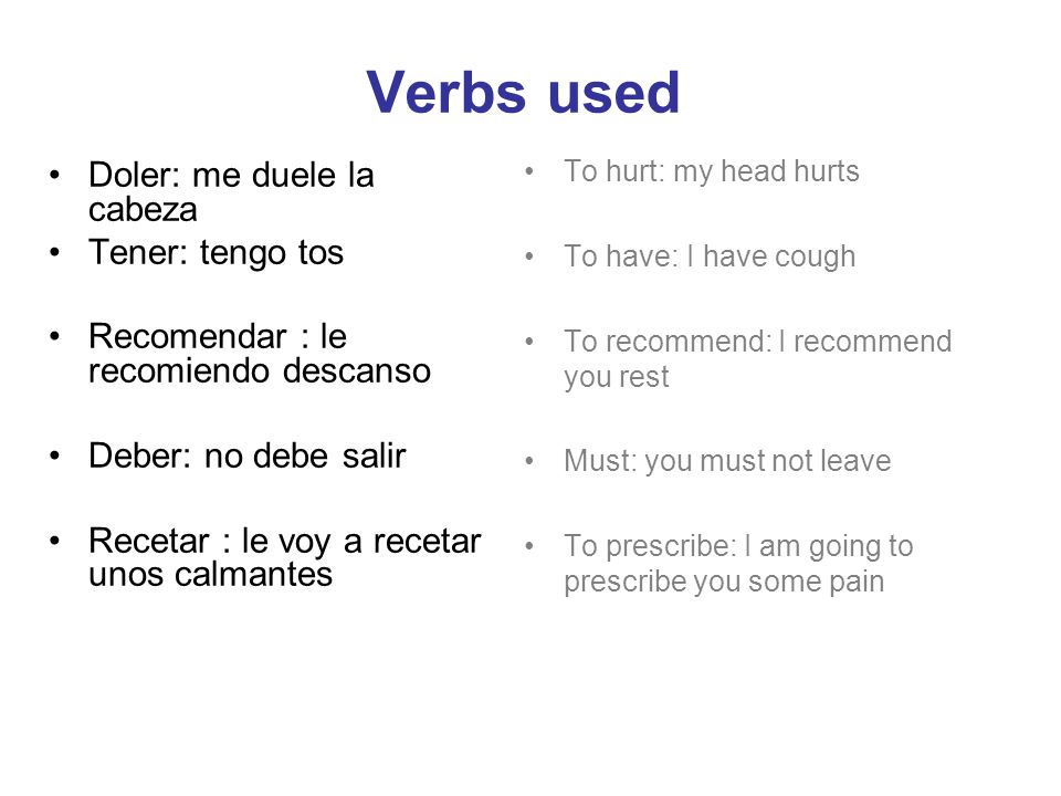 Verbs used Doler: me duele la cabeza Tener: tengo tos