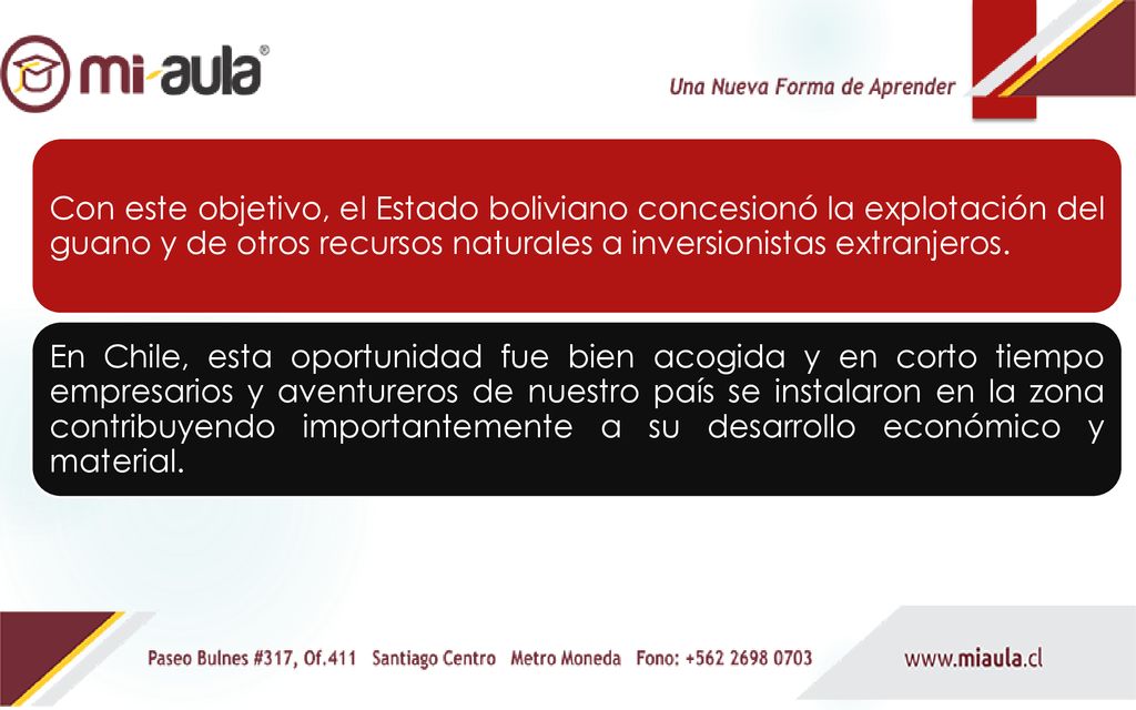 Con este objetivo, el Estado boliviano concesionó la explotación del guano y de otros recursos naturales a inversionistas extranjeros.