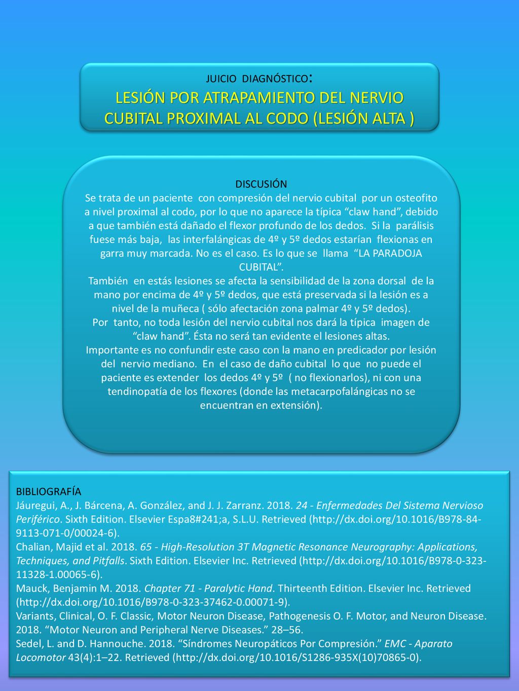 JUICIO DIAGNÓSTICO: LESIÓN POR ATRAPAMIENTO DEL NERVIO CUBITAL PROXIMAL AL CODO (LESIÓN ALTA ) DISCUSIÓN.