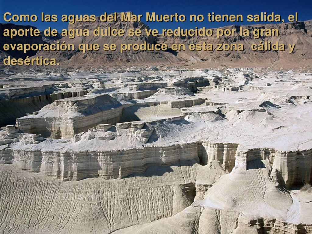 Como las aguas del Mar Muerto no tienen salida, el aporte de agua dulce se ve reducido por la gran evaporación que se produce en esta zona cálida y desértica.