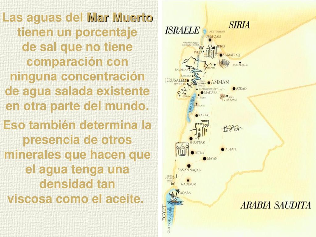 Las aguas del Mar Muerto tienen un porcentaje de sal que no tiene comparación con ninguna concentración de agua salada existente en otra parte del mundo.