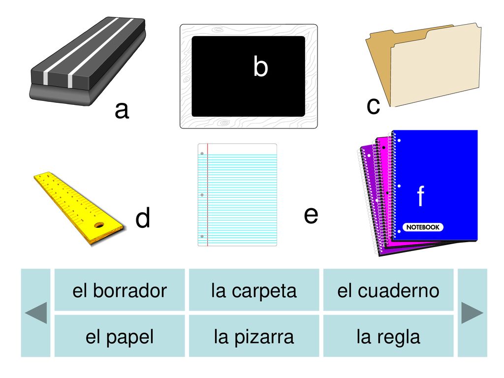 b c a f e d el borrador la carpeta el cuaderno el papel la pizarra