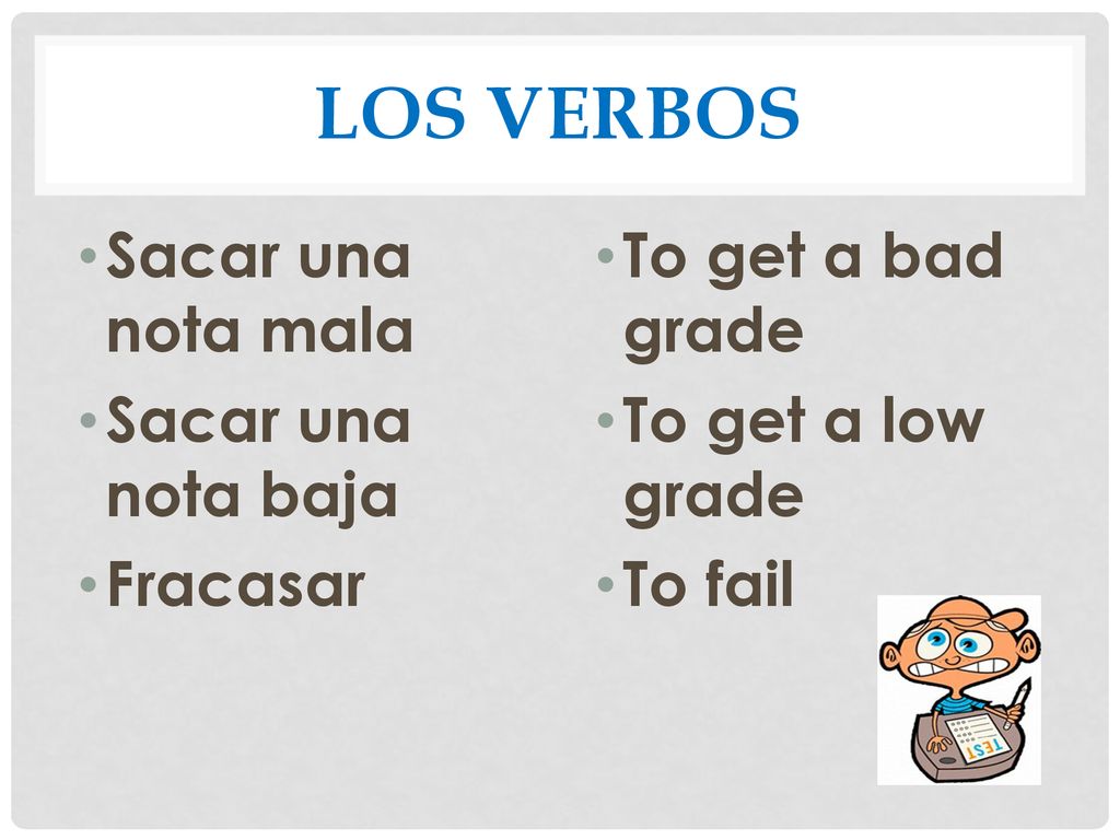 Los Verbos Sacar una nota mala Sacar una nota baja Fracasar