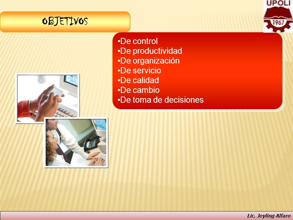 OBJETIVOS De control De productividad De organización De servicio