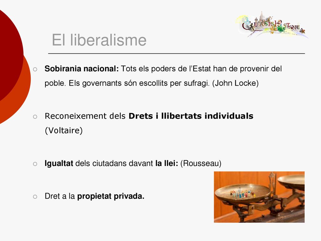 El liberalisme Sobirania nacional: Tots els poders de l’Estat han de provenir del poble. Els governants són escollits per sufragi. (John Locke)