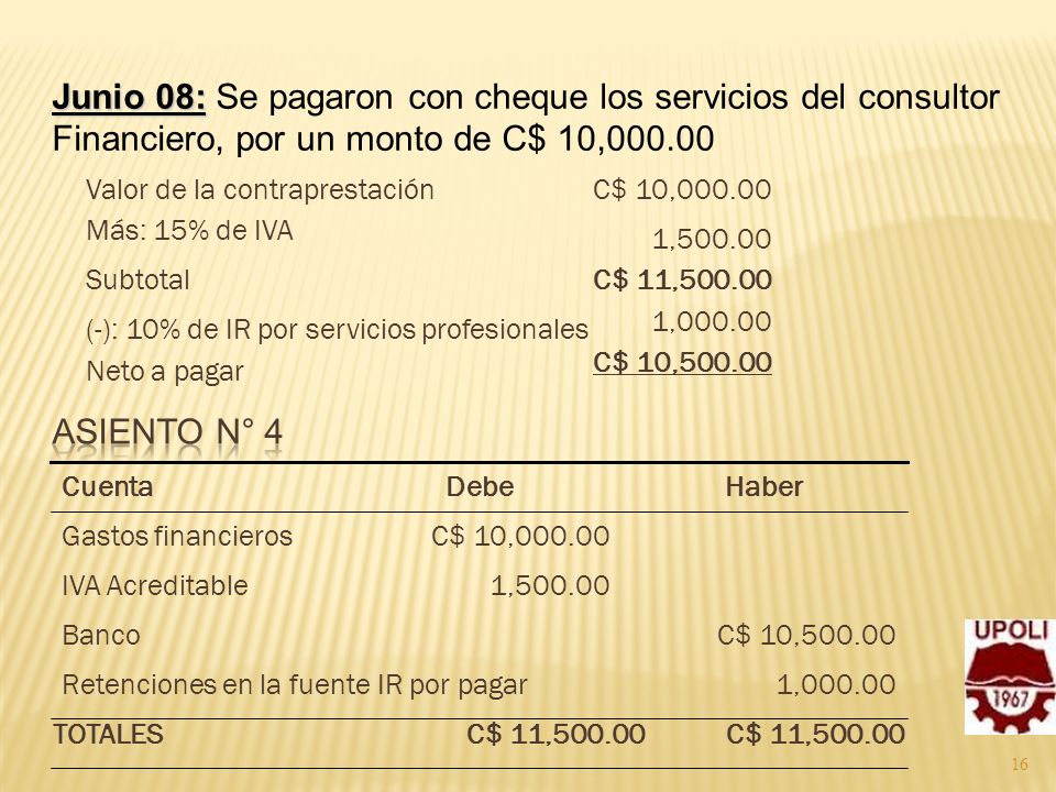 Junio 08: Se pagaron con cheque los servicios del consultor