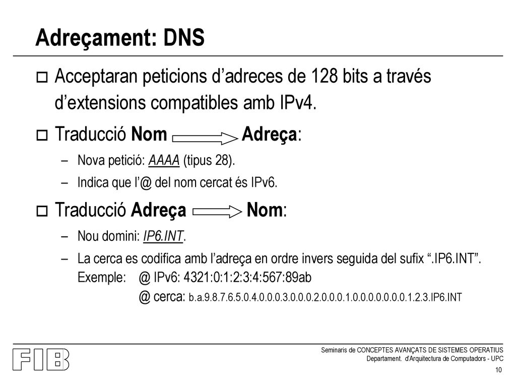 Adreçament: DNS Acceptaran peticions d’adreces de 128 bits a través d’extensions compatibles amb IPv4.