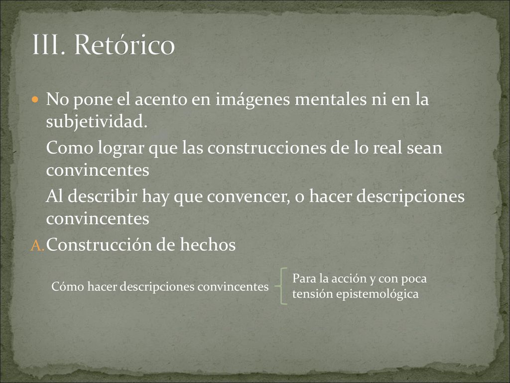 III. Retórico No pone el acento en imágenes mentales ni en la subjetividad. Como lograr que las construcciones de lo real sean convincentes.