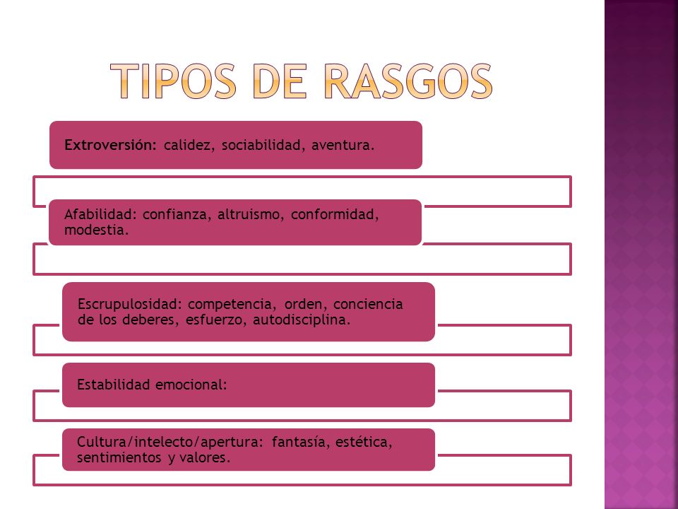 TIPOS DE RASGOS Extroversión: calidez, sociabilidad, aventura.