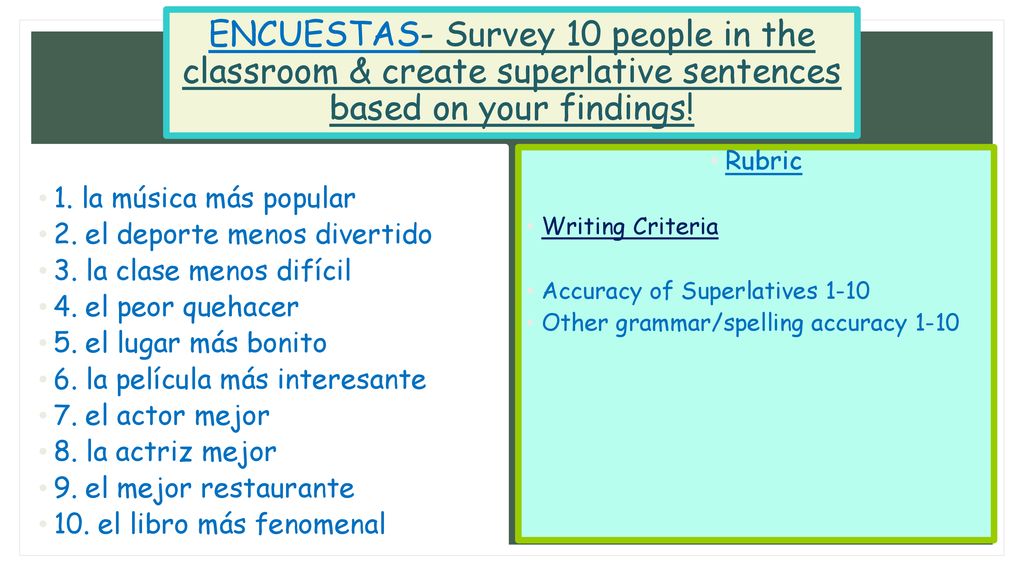 ENCUESTAS- Survey 10 people in the classroom & create superlative sentences based on your findings!