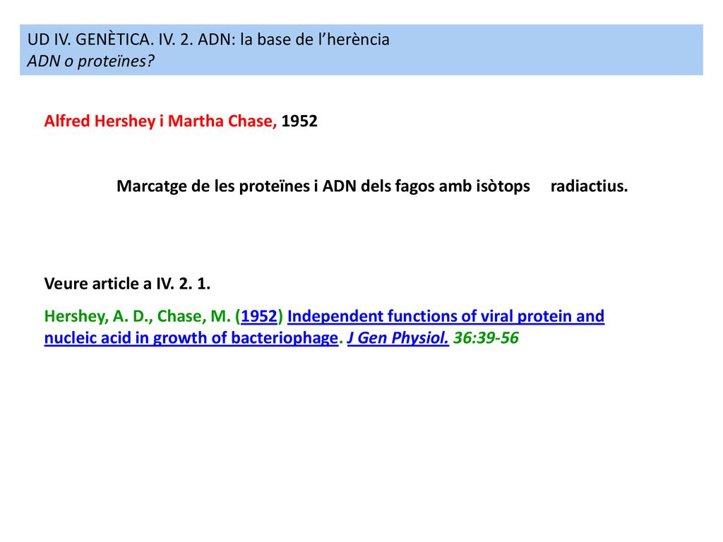UD IV. GENÈTICA. IV. 2. ADN: la base de l’herència