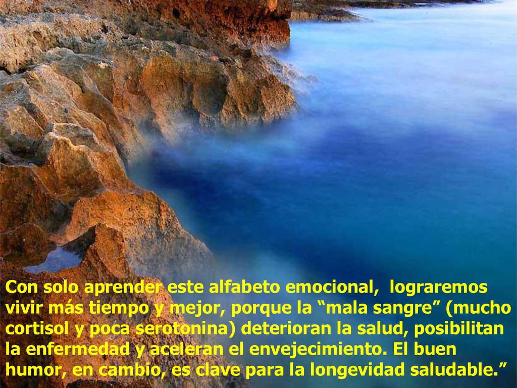 Con solo aprender este alfabeto emocional, lograremos vivir más tiempo y mejor, porque la mala sangre (mucho cortisol y poca serotonina) deterioran la salud, posibilitan la enfermedad y aceleran el envejecimiento.
