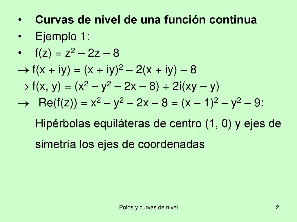 Curvas de nivel de una función continua Ejemplo 1: f(z) = z2 – 2z – 8