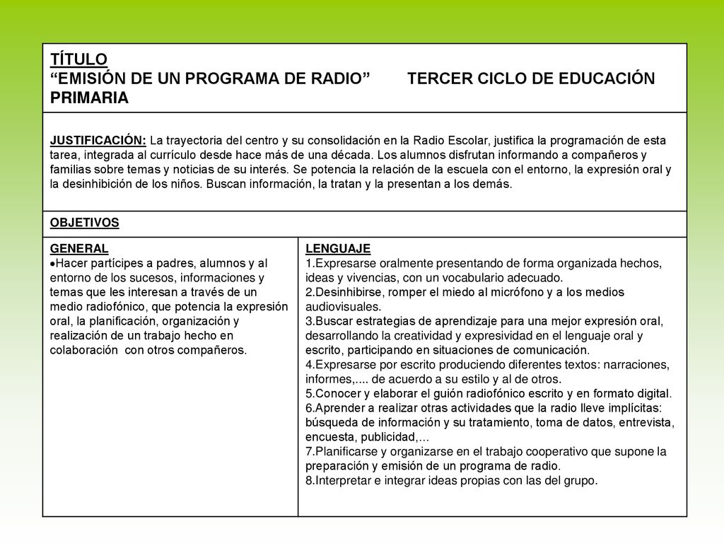 EMISIÓN DE UN PROGRAMA DE RADIO TERCER CICLO DE EDUCACIÓN PRIMARIA