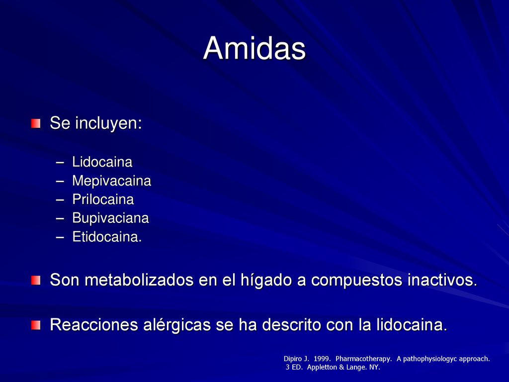 Amidas Se incluyen: Lidocaina. Mepivacaina. Prilocaina. Bupivaciana. Etidocaina. Son metabolizados en el hígado a compuestos inactivos.