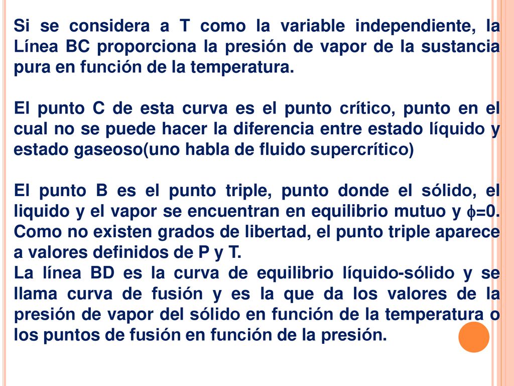 Si se considera a T como la variable independiente, la Línea BC proporciona la presión de vapor de la sustancia pura en función de la temperatura.