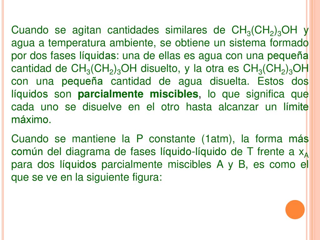 Cuando se agitan cantidades similares de CH3(CH2)3OH y agua a temperatura ambiente, se obtiene un sistema formado por dos fases líquidas: una de ellas es agua con una pequeña cantidad de CH3(CH2)3OH disuelto, y la otra es CH3(CH2)3OH con una pequeña cantidad de agua disuelta. Estos dos líquidos son parcialmente miscibles, lo que significa que cada uno se disuelve en el otro hasta alcanzar un límite máximo.