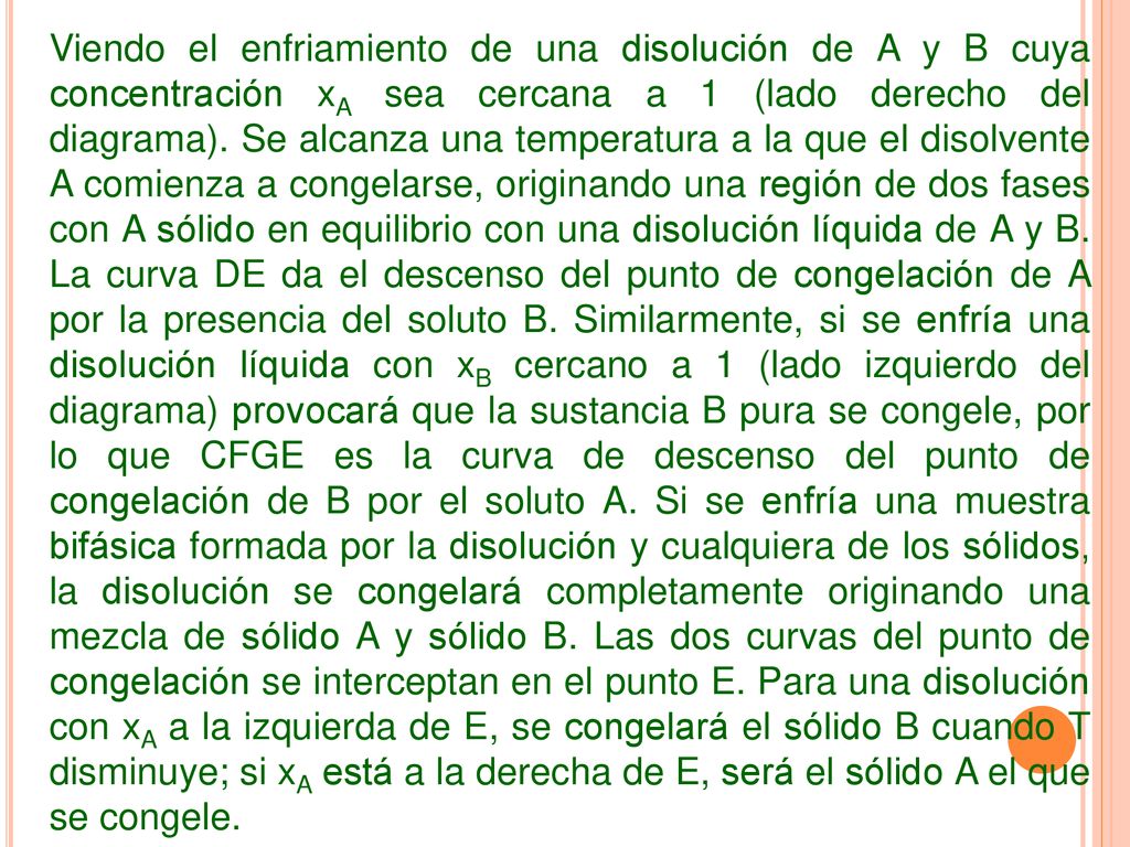 Viendo el enfriamiento de una disolución de A y B cuya concentración xA sea cercana a 1 (lado derecho del diagrama).