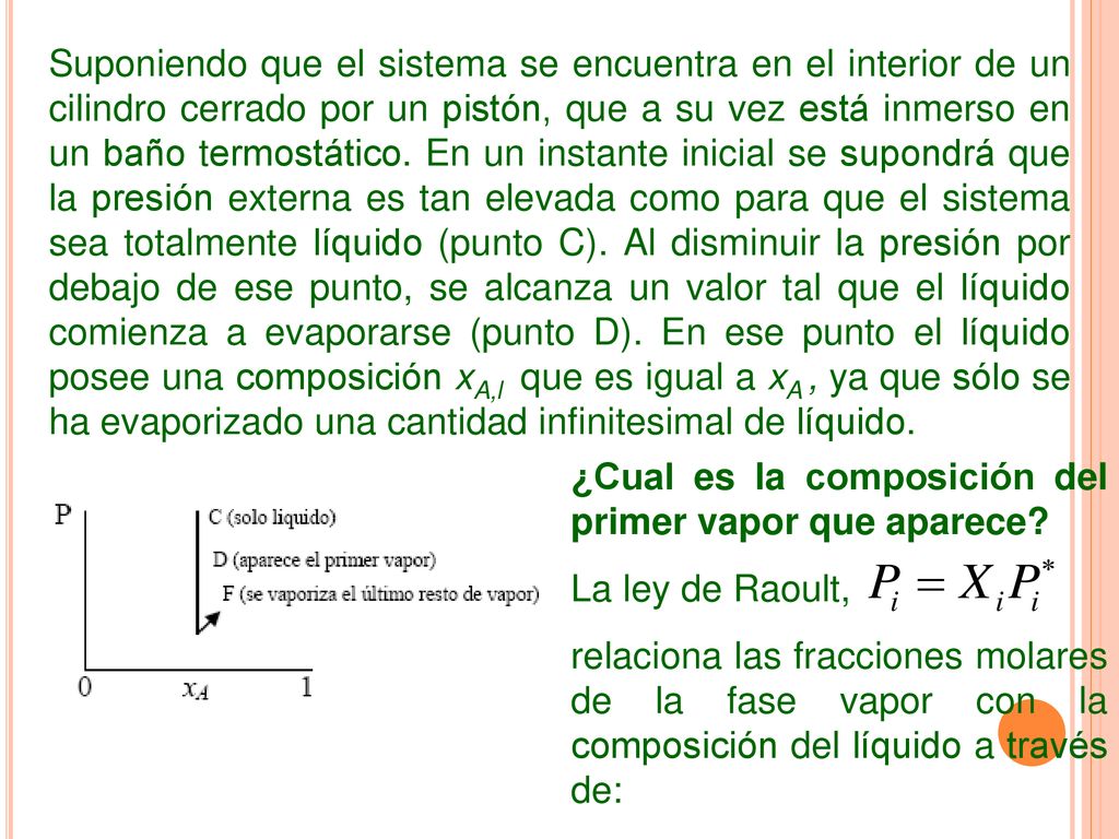 Suponiendo que el sistema se encuentra en el interior de un cilindro cerrado por un pistón, que a su vez está inmerso en un baño termostático. En un instante inicial se supondrá que la presión externa es tan elevada como para que el sistema sea totalmente líquido (punto C). Al disminuir la presión por debajo de ese punto, se alcanza un valor tal que el líquido comienza a evaporarse (punto D). En ese punto el líquido posee una composición xA,l que es igual a xA , ya que sólo se ha evaporizado una cantidad infinitesimal de líquido.