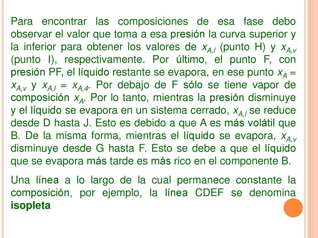 Para encontrar las composiciones de esa fase debo observar el valor que toma a esa presión la curva superior y la inferior para obtener los valores de xA,l (punto H) y xA,v (punto I), respectivamente. Por último, el punto F, con presión PF, el líquido restante se evapora, en ese punto xA = xA,v y xA,l = xA,4. Por debajo de F sólo se tiene vapor de composición xA. Por lo tanto, mientras la presión disminuye y el líquido se evapora en un sistema cerrado, xA,l se reduce desde D hasta J. Esto es debido a que A es más volátil que B. De la misma forma, mientras el líquido se evapora, xA,v disminuye desde G hasta F. Esto se debe a que el líquido que se evapora más tarde es más rico en el componente B.