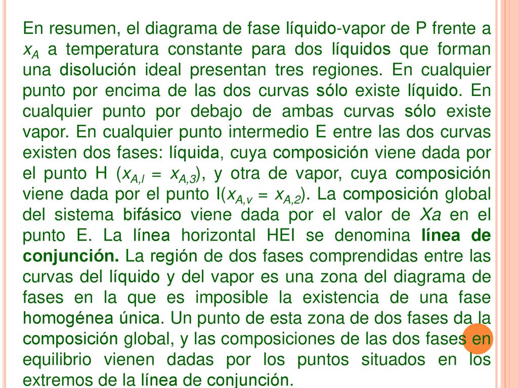 En resumen, el diagrama de fase líquido-vapor de P frente a xA a temperatura constante para dos líquidos que forman una disolución ideal presentan tres regiones.