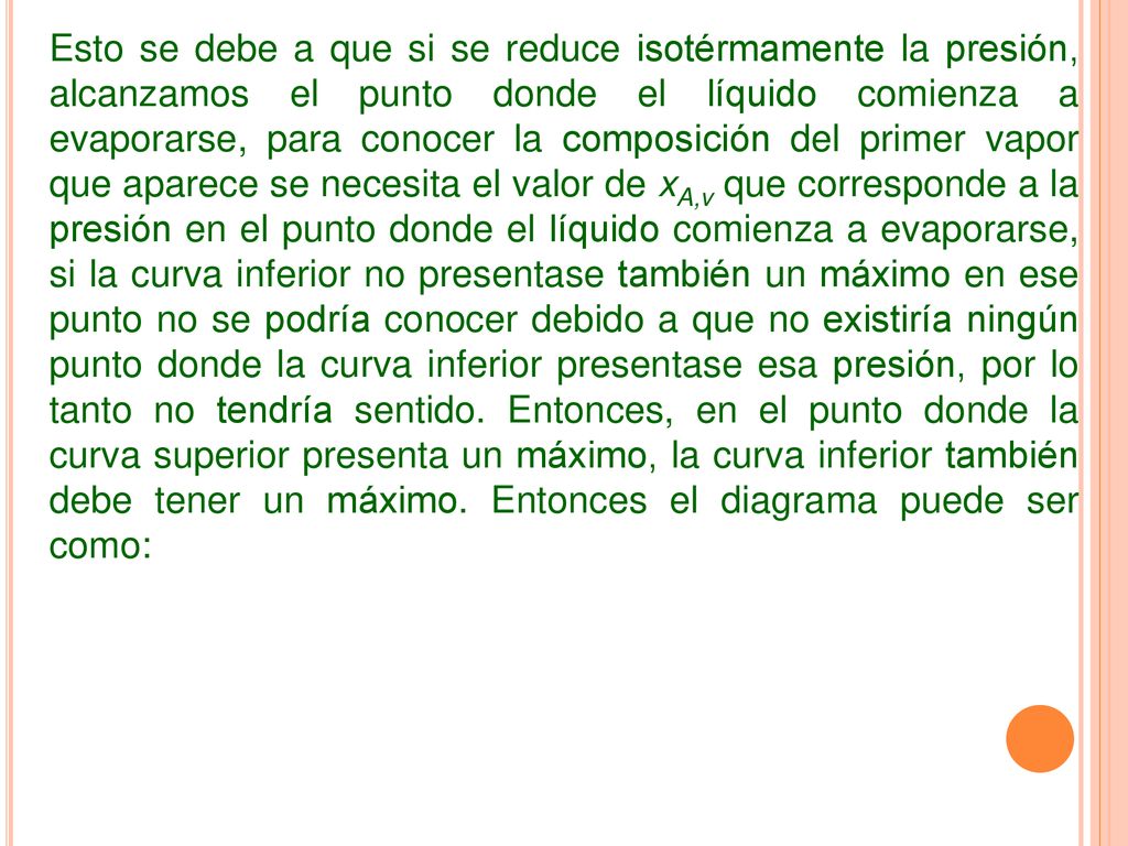 Esto se debe a que si se reduce isotérmamente la presión, alcanzamos el punto donde el líquido comienza a evaporarse, para conocer la composición del primer vapor que aparece se necesita el valor de xA,v que corresponde a la presión en el punto donde el líquido comienza a evaporarse, si la curva inferior no presentase también un máximo en ese punto no se podría conocer debido a que no existiría ningún punto donde la curva inferior presentase esa presión, por lo tanto no tendría sentido.
