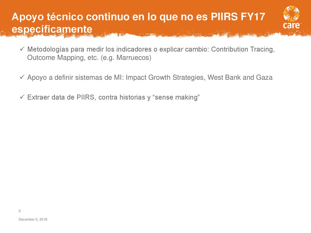 Apoyo técnico continuo en lo que no es PIIRS FY17 específicamente