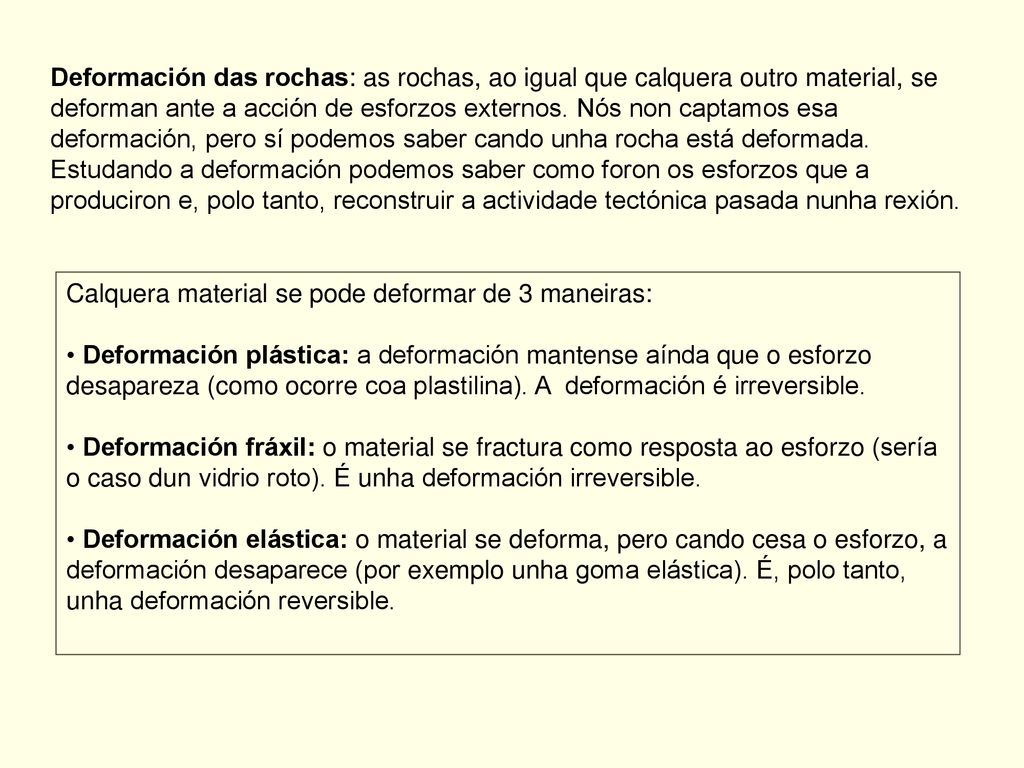 Deformación das rochas: as rochas, ao igual que calquera outro material, se deforman ante a acción de esforzos externos. Nós non captamos esa deformación, pero sí podemos saber cando unha rocha está deformada. Estudando a deformación podemos saber como foron os esforzos que a produciron e, polo tanto, reconstruir a actividade tectónica pasada nunha rexión.