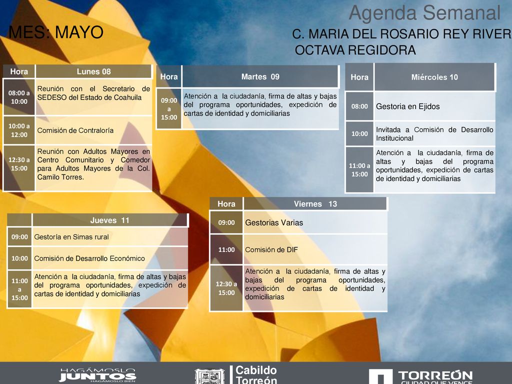 Agenda Semanal MES: MAYO C. MARIA DEL ROSARIO REY RIVERA
