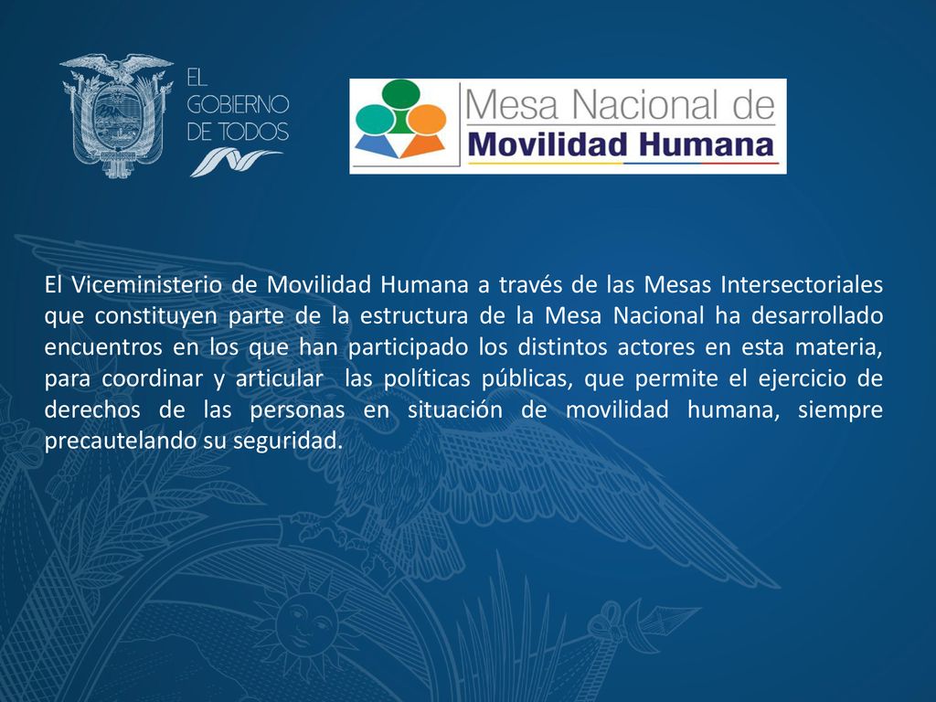 El Viceministerio de Movilidad Humana a través de las Mesas Intersectoriales que constituyen parte de la estructura de la Mesa Nacional ha desarrollado encuentros en los que han participado los distintos actores en esta materia, para coordinar y articular las políticas públicas, que permite el ejercicio de derechos de las personas en situación de movilidad humana, siempre precautelando su seguridad.