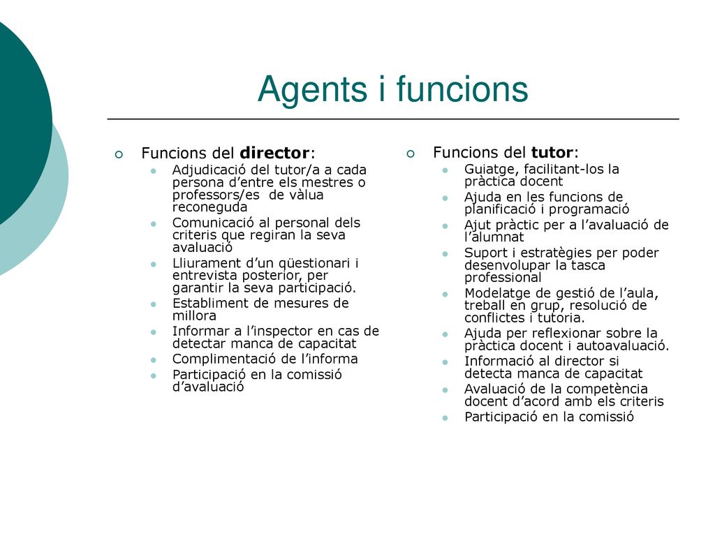 Agents i funcions Funcions del director: Funcions del tutor: