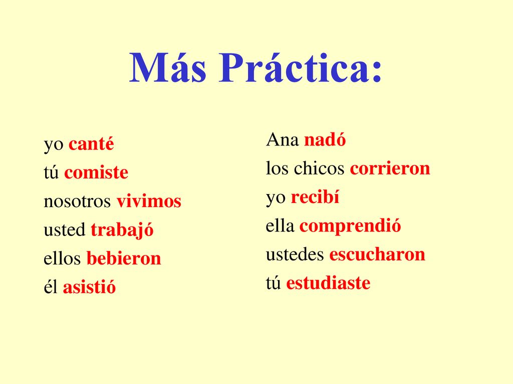 Más Práctica: Ana nadó yo canté los chicos corrieron tú comiste