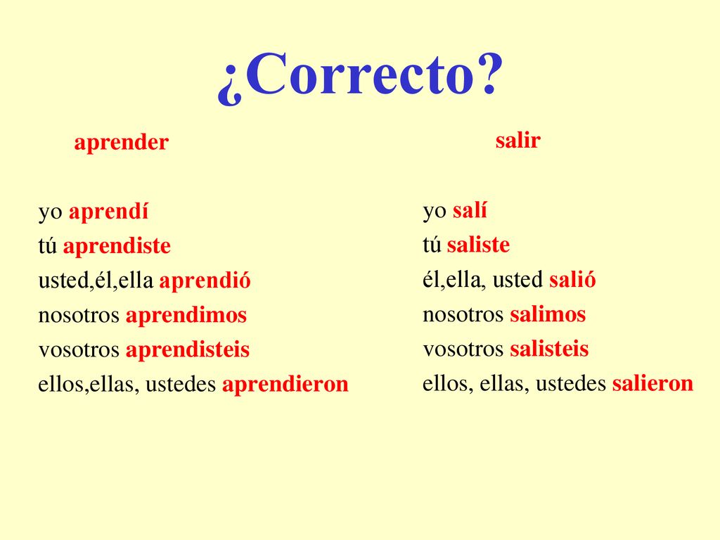 ¿Correcto salir aprender yo salí yo aprendí tú saliste tú aprendiste