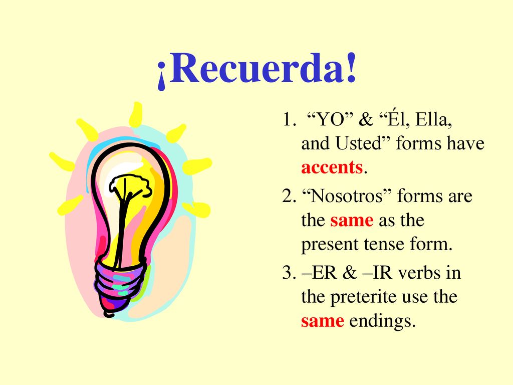 ¡Recuerda! 1. YO & Él, Ella, and Usted forms have accents.