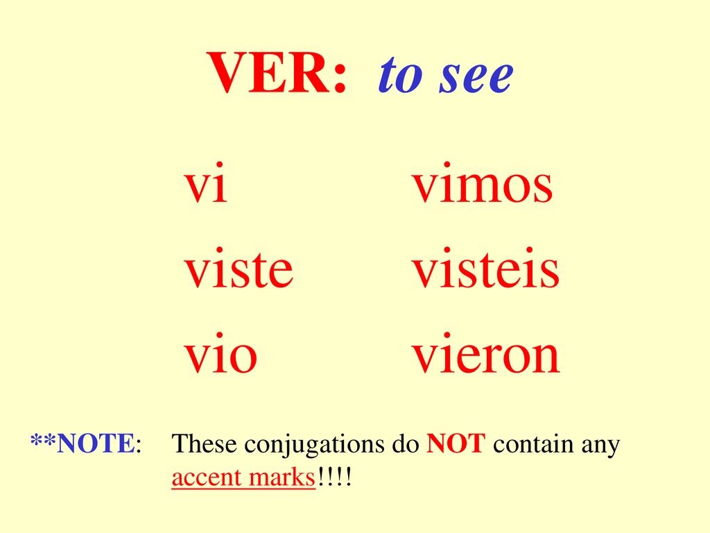 VER: to see viste vio visteis vieron vi vimos