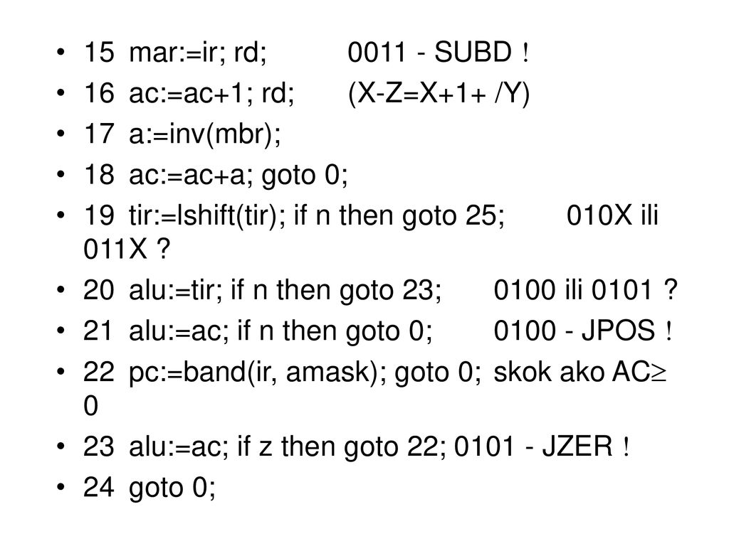 15 mar:=ir; rd; SUBD ! 16 ac:=ac+1; rd; (X-Z=X+1+ /Y) 17 a:=inv(mbr); 18 ac:=ac+a; goto 0;
